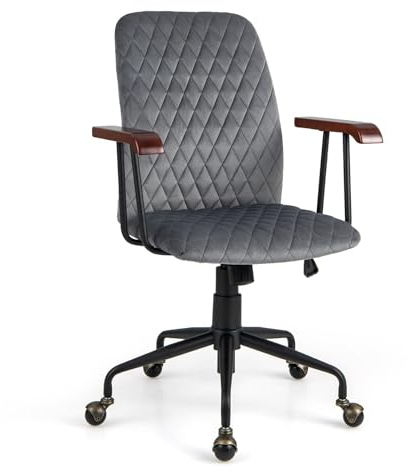 Giantex Bürostuhl, Retro, aus Samt, höhenverstellbar, mit Rädern, ergonomischer Bürostuhl mit gepolsterter Sitzfläche & Armlehnen aus Holz, Gummi, Vintage-Stil, Belastung 150 kg (grau) FE43672
