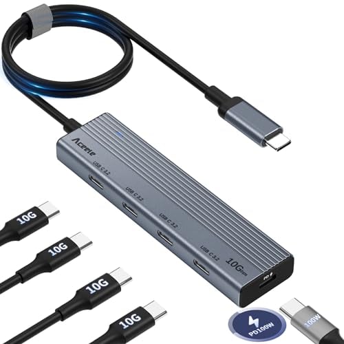 Aceele Hub USB C da 10 Gbps con 4 Porte Dati di Tipo C & PD 100W, Alimentato Sdoppiatore USB 3.2 Gen 2 con Cavo Lungo 60cm per Laptop, MacBook Pro/Air, iPad Pro e Altro