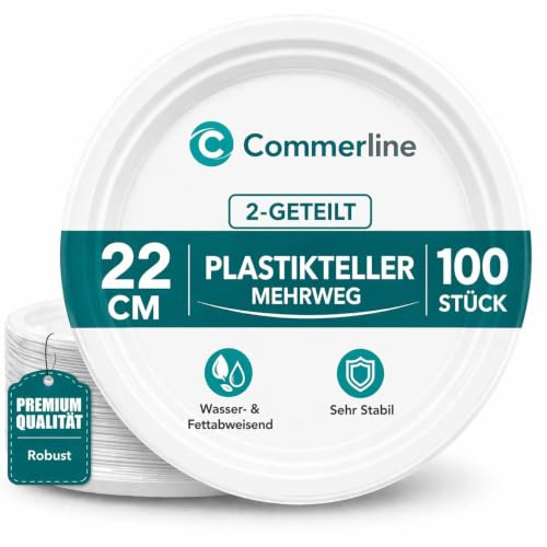 Commerline Plastikteller, 500 Stück, Kunststoffteller, Plastikgeschirr | 22 cm, 2-geteilt, Partyteller, Partygeschirr Mehrweg, große Servierfläche, robust, Grill, Buffet, Catering & Camping