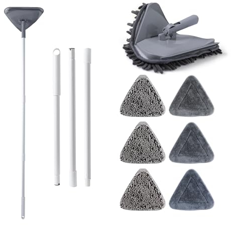 Eyliden Wandreiniger Mop mit Rakel, 3-in-1 drehbarer Dreieck-Reinigungsmopp mit 6 Ersatz-Mikrofaser-Chenille-Pads, Decken- und Sockelleisten-Reiniger-Werkzeug, Staubwedel für mehrere Oberflächen Böden