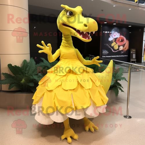 REDBROKOLY Giallo limone Spinosaurus mascotte personaggio costume vestito con un abito da sera e cavigliere
