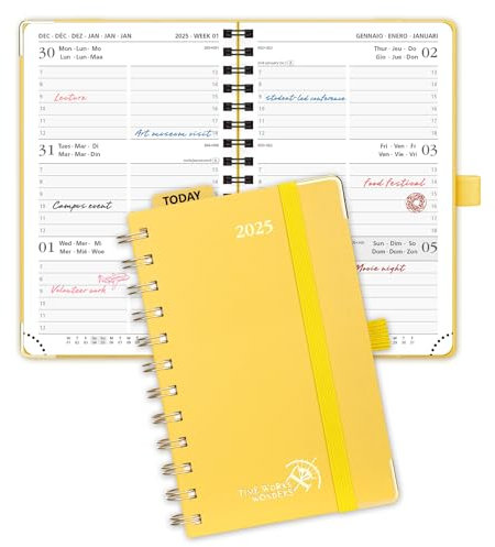 POPRUN Taschenkalender 2025 Klein Ringbuch mit Hardcover, ca. A6 (16 x 10,5 cm) - Kalender 2025 Klein (Jan.2025-Dez.2025) - Wochenplaner mit Vergoldete Schutzecken - Hellgelb