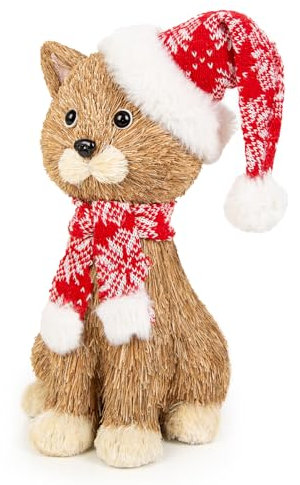 Logbuch-Verlag Gatto decorativo grande in erba e tessuto, decorazione natalizia per gli amanti dei gatti, 30 cm