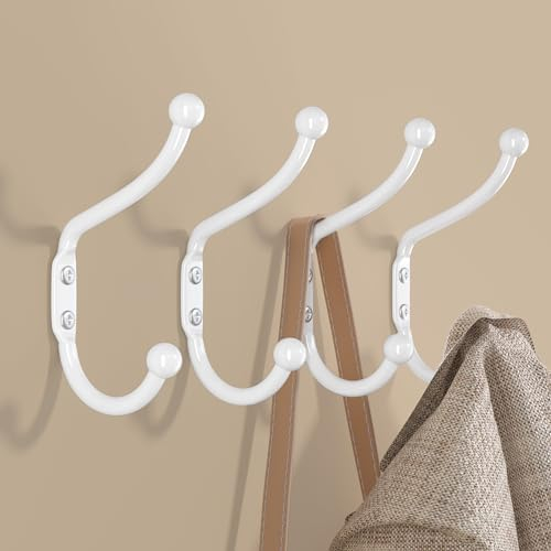 Kleine Wandhaken 9,5 cm für Jacken – Wandhaken zum Einschrauben für Wand, Tür, Bad, Dusche, Kleiderschrank, Flur – Metallhaken für Handtücher, Kleidung, Taschen, Schlüssel, Hüte – 4 Stück, Weiß