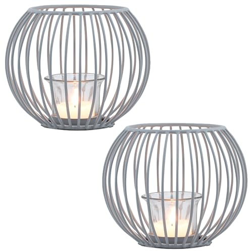 Marrakesch 2er Set Skandinavische Deko Windlichter Metall & Glas 15cm klein grau | Windlicht Teelichthalter Spectro als Gartendeko & Wohnzimmer Tisch Deko | Exquisite Kerzenständer für Teelichter