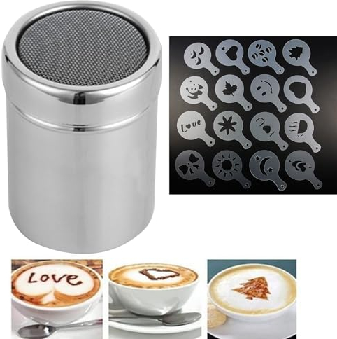 Kakaostreuer Edelstahl mit 16 Pcs Kaffee Schablone Druckformen, Mehlstreuer mit Deckel Puderzuckerstreuer für Cappuccino, Kakaopulver Streuer für Heiße Schokolade Brotdekoration
