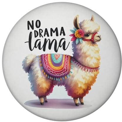 Alpaka mit bunter Satteldecke Magnet mit Flaschenöffner rund mit Spruch No Drama Lama farbenfroh weich und flauschig Alpaka mit bunter Satteldecke