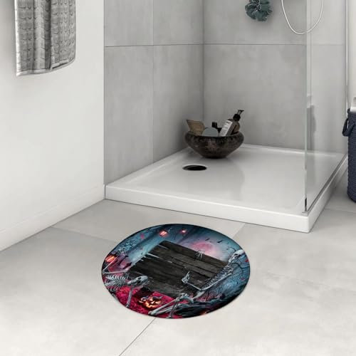 OHAGS Microfiber Soft Bath Mat,Non-slip Bathroom Mats,Machine-washable Shower Water Absorbent Bath Rug Durable,Halloween Card In Forest With Wooden Sign Board - Graveyard At Night With Pump,24x24 in