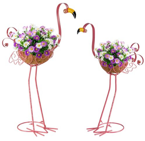 SIFOEL Plantadores de flamenco de metal, juego de 2 macetas de flores de flamenco rosa con cesta para interior al aire libre jardín patio patio porche decoración