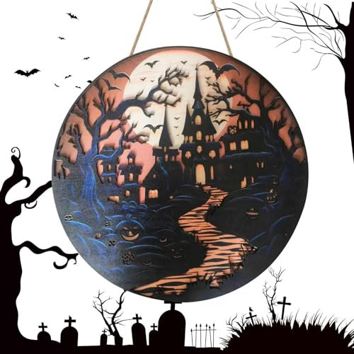 Décorations de porte d'Halloween,panneau de porte d'Halloween - Panneaux de porte de château Ornement d'Halloween | Panneau de bienvenue extérieur rond, décorations de porte d'entrée d'Halloween, cint