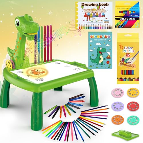 BuzzoXerex Projecteur Dessin Enfants, 48 Pièces Tableau Dessin Projection Enfants Set avec 48 Motifs, Carnet de Croquis, Carnet d'autocollants, Crayons de Couleur pour Enfants 3-10 Ans (Vert)