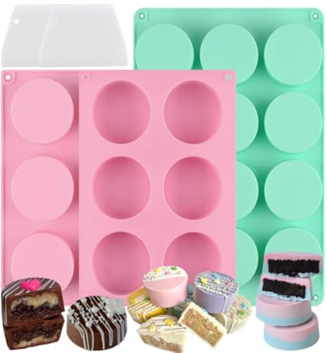 Fahibin 3 pcs Round Cylinder Cookie Mold, 6 -Cavity Round Cylinder Mold,Mini Silicone Cake Moulds, for Cake Pops, Soap, Chocolate, Bath Bombs, Cheesecake, 2 Scrapers