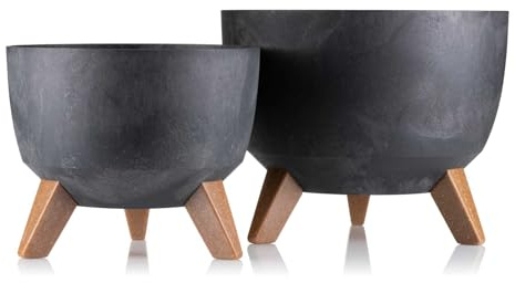 HowHomely 2X Dunkelbeton-Optik Blumenkübel | Deko Blumentopf mit 3 Beinen | Langlebige Übertopf für Wohnzimmer oder Garten | Set aus 2 Blumenübertopf (18x29cm & 15x24cm)