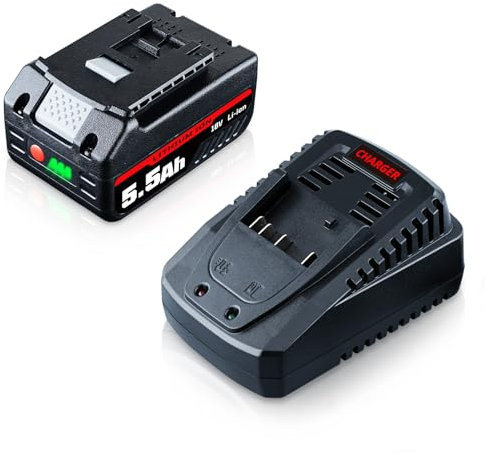DASNITE 5,5Ah GBA Li-ion Ersatzakku für Bosch 18V Akku und Ladegerät für 14,4V-18V Lithium Akku BAT609 BAT622 BAT609G BAT618G BAT619 BAT619G BAT610G BAT618 Kompatibel mit Bosch 18V Elektrowerkzeuge