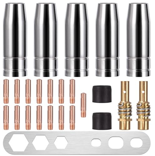 Accessori per Saldatrice MIG/MAG, 25 Pezzi Parti Usurate Set di Materiali di Consumo Saldatori, Ugello, Punta Guidafilo M6 0,8mm, Isolator, Diffusoree, Strumento, per Consumabili Torcia MB15 15AK