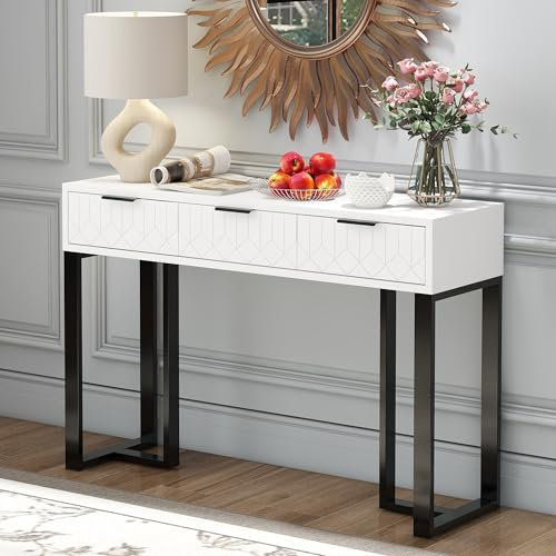 Merax table console, couloir, meuble décoratif, buffet, étagère, table basse salon, cadre métal, 3 tiroirs, pieds réglables, blanc et noir