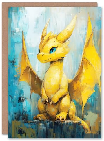 Artery8 Greeting Card Cute Yellow Baby Dragon Fantasy Oil Painting Blank For Him Or Her Art Birthday Card