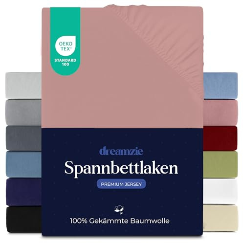 Dreamzie - Spannbettlaken - 80x160cm - 100% Gekämmte Baumwolle - Jersey | Rosa · Leintuch mit Rundumgummi · Spannbetttuch bis 12cm Steghöhe · Oeko-Tex zertifiziert · Premium · Kinderbett / Hausbett