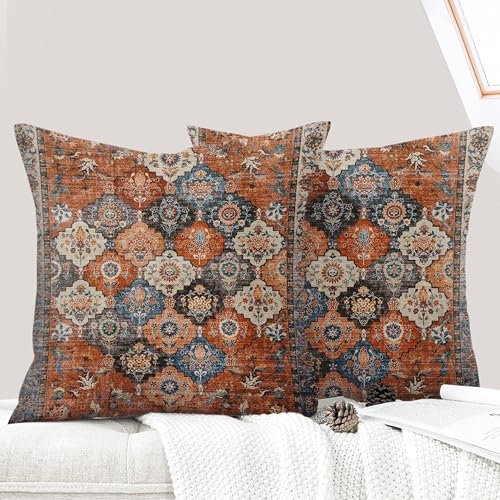 ECZOIL 2er Set Boho Kissenbezüge 40x40 cm,Böhmische Blumen Dekorative Kissenhülle Flachs 16x16 Inch Doppelseitiger Druck Dekorative Kissenbezug für Wohnzimmer Sofa Schlafzimmer-Blumen Orange