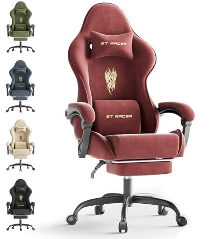 Ferghana Chaise Gaming Ergonomique Massage,Fauteuil Game en Tissu Velours,Gaming Chair avec Réglable Appui-tête,Coussin Lombaire,Repose-Pied,Chaise de Jeu,Chaise de Bureau PC pour Bureau de Jeu,Rouge