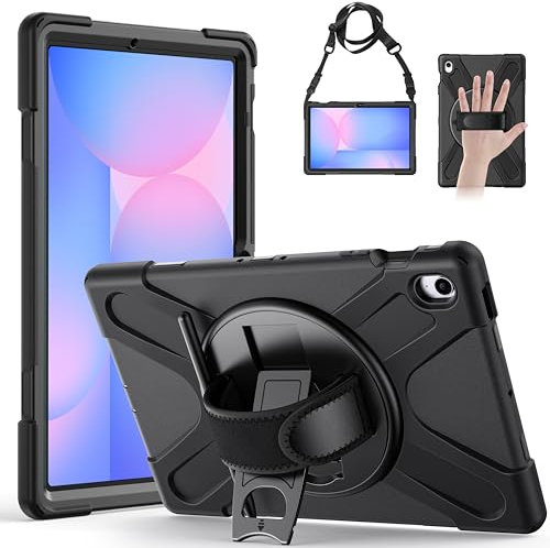 Gerutek Case for Samsung Galaxy Tab S10 FE Plus 13.1 Inch 2025 Tablet Case Shockproof, Heavy Duty Rugged with Pen Holder, 360° Rotating Stand/Hand&Shoulder Strap Cover for Tab S10 FE+ Plus, Black