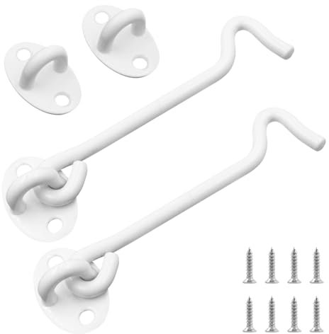 2PCS 6 inch Hook and Eye Latch, Barn Door Hook Lock, Stainless Steel Shed Lock Cabin Hooks Outside Metal Door Looks Gate Latches with Mounting Screws for Doors Gate Window Closet Silent Brace, White