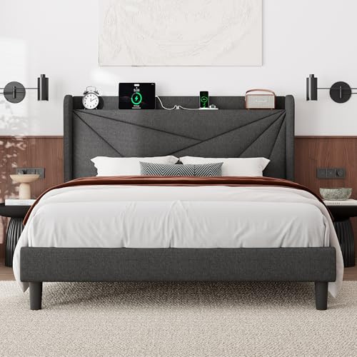 Feonase Queen Bed Frame with Charging Station, Linen Upholstered Platform Bedframe with Wingback Headboard, Solid Wood Slats Support, Noise Free, No Box Spring Needed, Charcoal Grey