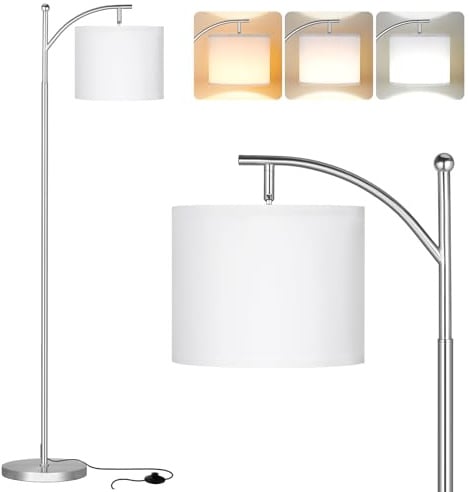 Aooshine Silver Floor Lamps for Bedroom with 3 Color Temperatures, Tall Standing Lamp with White Shade(Bulb Included)