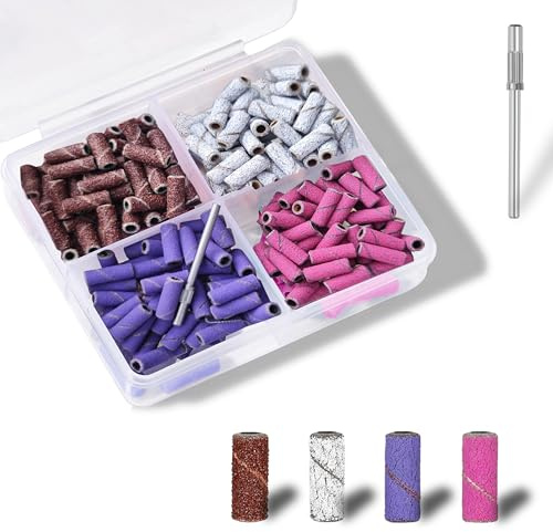 Lumcoyee 200Pcs Professional Colour-Coded Nail Drill Sanding Bands Set: 3/32'' Durable Mandrel Bit with 80/120/180/240 Grit for Acrylic/Gel Nails Salon & Home Use