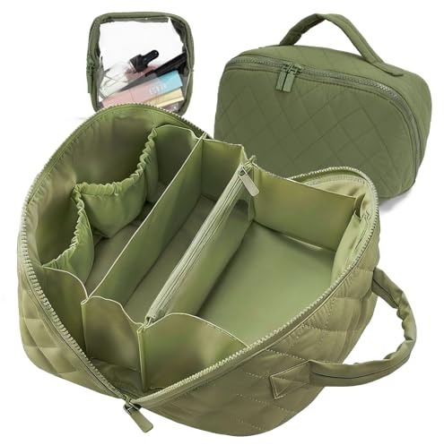 Travel Makeup Bag for Woman,Lay-Flat Puffer Cosmetic Organizer Pouch,Large Capacity Make Up Case Open Flat Toiletry Bags,Cosmetic Bags,Quilted Makeup Bags with Brush Compartment & Handle (Green)