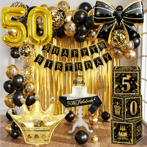 50. Geburtstag Deko Mann Frauen, Schwarz und Gold Deko 50. Geburtstag für Mann und Frauen mit Banner, Luftballon, Schärpe/Fransenvorhang, Geburtstagsdeko 50 Jahr Partydeko