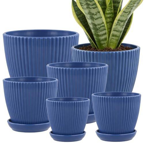 Set of 6 Plastic Blue Plant Pots with Drainage Holes, 19/17/15/13/11/9cm