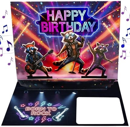 Joli Coon Geburtstagskarte mit Musik und Licht, 20 x 15 cm | 3D Pop-up-Mechanismus, passendes Kuvert, Siegelsticker, für persönliche Geburtstagswünsche