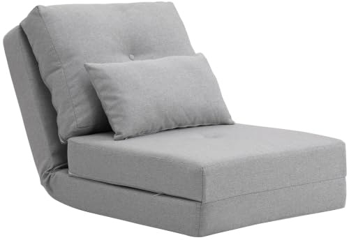 HOMCOM Divano Letto Futon Pieghevole 3 in 1 Convertibile Grigio Chiaro | Poltrona Letto da Terra, Cuscino Sfoderabile, Reclinabile 5 Posizioni, Materasso Salvaspazio, Lino