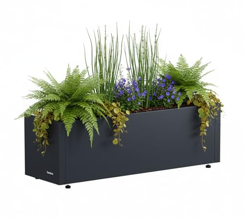 herstera Garden Cube Balcony L Pflanzkübel, 50 l, 80x25x25 cm, Anthrazit | Der Stahl-Pflanzkübel mit integrierter Drainage und höhenverstellbaren Füßen eignet sich für Blumen und Kräuter im Garten.