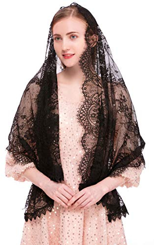 PAMOR Rechteckiger Kapellschleier, spanische Spitze, florales Mantilla-Schleier, Wickeltuch, Massenkopfbedeckung, Schwarz, Einheitsgröße