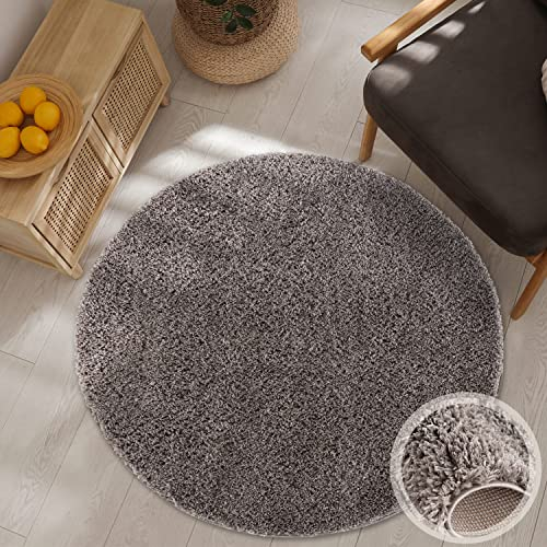 carpet city Hochflor Teppich Wohnzimmer - Einfarbig Anthrazit - 160x160 cm Rund - Shaggyteppich Langflor Uni - Schlafzimmerteppich Flauschig Weich - Moderne Wohnzimmerteppiche