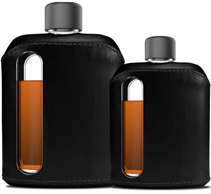 Ragproper Moderner Flachmann aus Glas – robuster Flachmann mit Lederbezug für Whiskey, Spirituosen und andere Liköre – ideale Glasflasche für Männer und Frauen (Einzelschuss 100 ml + Doppelschuss 240