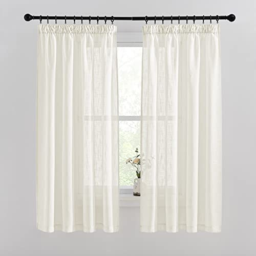 PONY DANCE Kurze Gardinen Hellbeige Vorhang Halbtransparent - Landhausstil Gardinen Leinenoptik Vorhang Kurz Fenster Vorhänge Wohnzimmer mit Kräuselband, 2er Set H 160 x B 140 cm