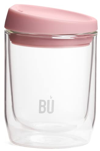 BU Products Reusable Double Walled Glass Coffee Cup | Travel Mug | Splash Proof Antibacterial Lid | BPA Free | Cappuccino Latte Flat White Glass Mugs | Vacuum Insulated | 8oz/227ml Pink