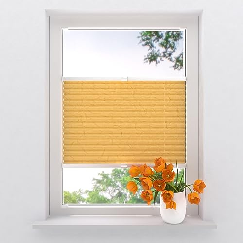 Plissee mit Bohren 110 x 130 cm Orange lichtdurchlässig, plissee innen, Montage ohne Bohren möglich, Fenster rollos für innen, Fenster plissee, pliseerollos, plissees