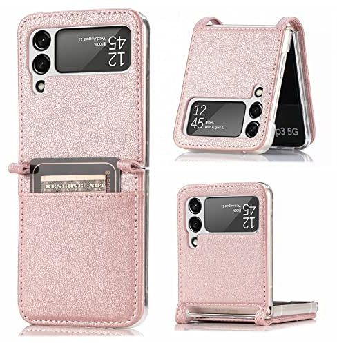 BaiBaiDY Coque pour Samsung Galaxy Z Flip 4, Fibre de Cuir et Matériau PC, avec Fente pour Carte, Protection Complète, Étui (Rose)