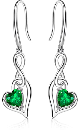 Geburtsstein Unendlich Ohrringe für Damen- Qings 925 Sterling Silber Smaragdgrün Mai Unendlichkeit Herz Zirkonia Baumeln Tropfen Edelstein Ohrstecker Weihnachten Geburtstag Infinity Schmuck
