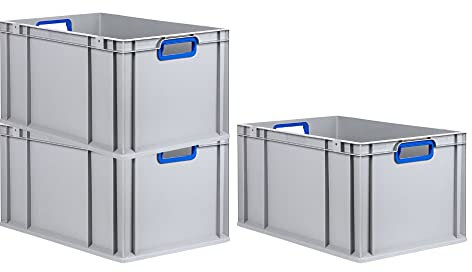 PROREGAL SuperSparSet 3x Eurobox NextGen Color | HxBxT 32x40x60cm | 65 Liter | Griffe blau offen | Verstärkter Boden | Eurobehälter, Transportbox, Transportbehälter, Stapelbehälter