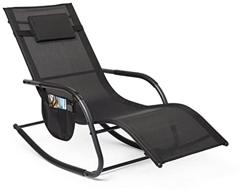 Mondeer Fauteuil à Bascule Bain de Soleil Aluminium Chaise Longue avec Appuie Tête et Poche latérale pour Jardin et Piscine, Coussin Charge Max: 160 kg, Noir, W61 x D154 x H85 cm