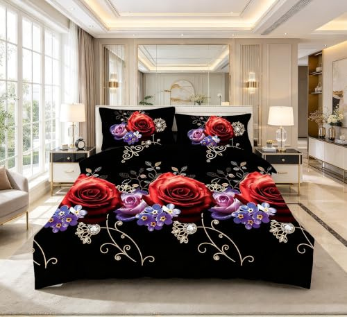 4 Piece Complete Bedding Set 3D Design Floral, Animal Printed Duvet Cover with Fitted Sheet Pillowcases (316 Black Red Flower, King)