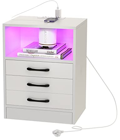 PIPIPOXER Nachttisch Weiß mit 3 Schubladen, Nachttisch Weiß, Nachtschrank Hochglanz Weiß Wohnzimmer Nachtkommode 3 Schubladen Beistelltisch für Wohnzimmer, Schlafzimmer, 45x60x35cm