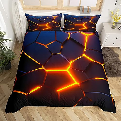 Honeycomb Bettbezug Set 155x220 Größe, Hexagon Art Bettwäsche Set, Kinder Jungen Mädchen Erwachsene Zimmer, Moderne Mode Tröster Abdeckung, Orange Schwarz Neon Quilt Cover, 1 Kissenbezug