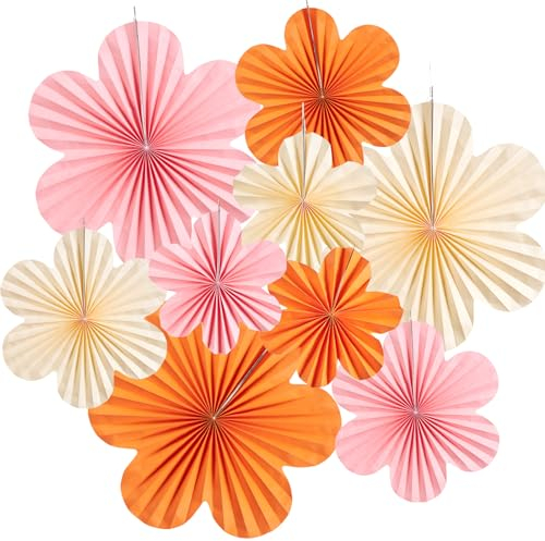 SUNBEAUTY 9 Stück Papier Fächer Dekoration Hanging Girlande Rosa Orange Blumen Papierfächer Cremefarben Party Deko Set für Hochzeit Geburtstag Tea Party Tischdeko Classroom Baby Shower Fasching Deko