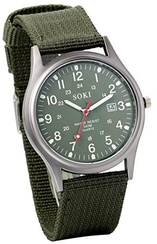 JewelryWe Uhren Herren Nylon Militär: 12/24H Datum Kalender Analog Quarz Armbanduhr Männer Feld Taktische Uhr Militäruhr mit Armeegrün Verlängertem Nylon Textil Armband und Leuchtzeiger